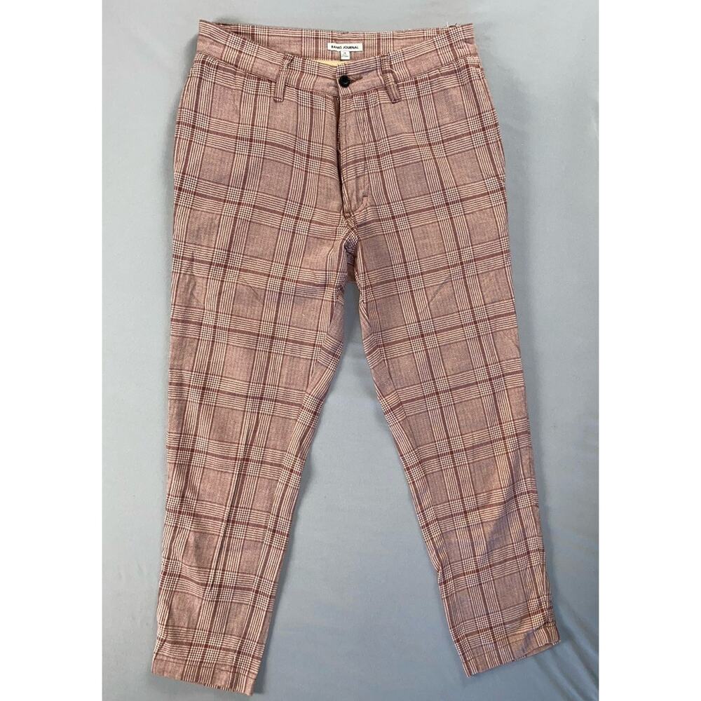 Banks Journal Lightweight Stretch Poly-Cotton Chino Pants. Burgundy Plaid, 28.